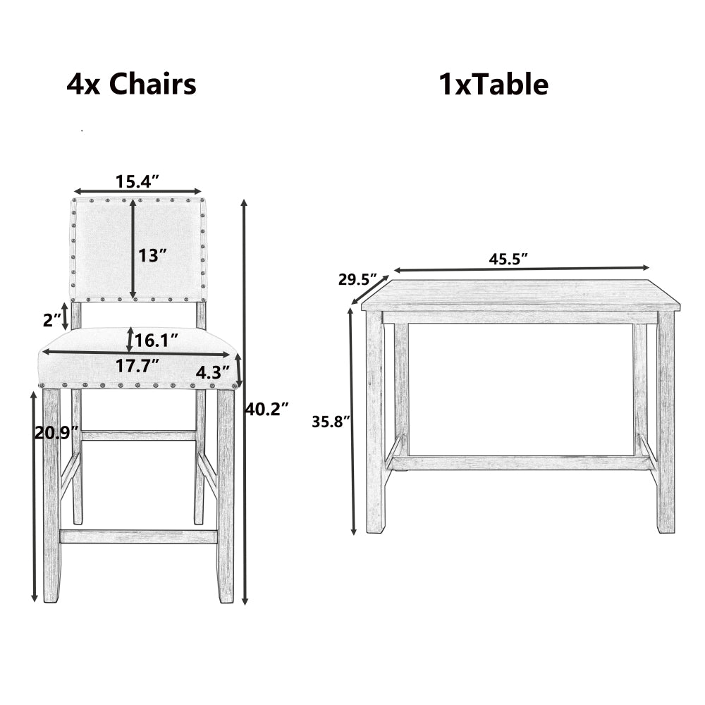 Espresso Beige 5 Piece Rustic Wooden Counter Height Dining Table Set with 4 Upholstered Chairs L938536
