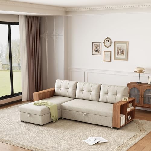 Beige L Shaped Convertible Sectional Sleeper Sofa with Storage Chaise G786