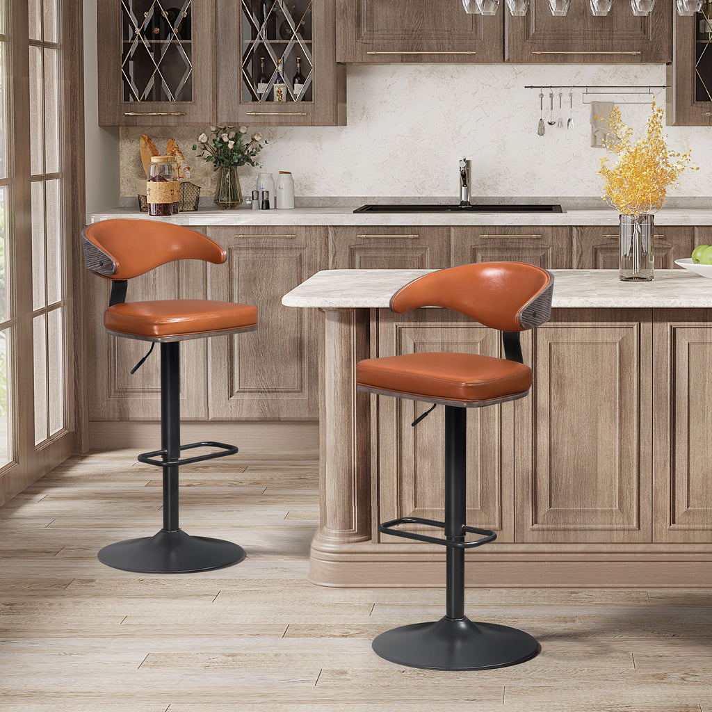 Retro Bar Stools, 360 Degree Swivel Height Adjustable, Faux Leather Steel Legs, Brown N576