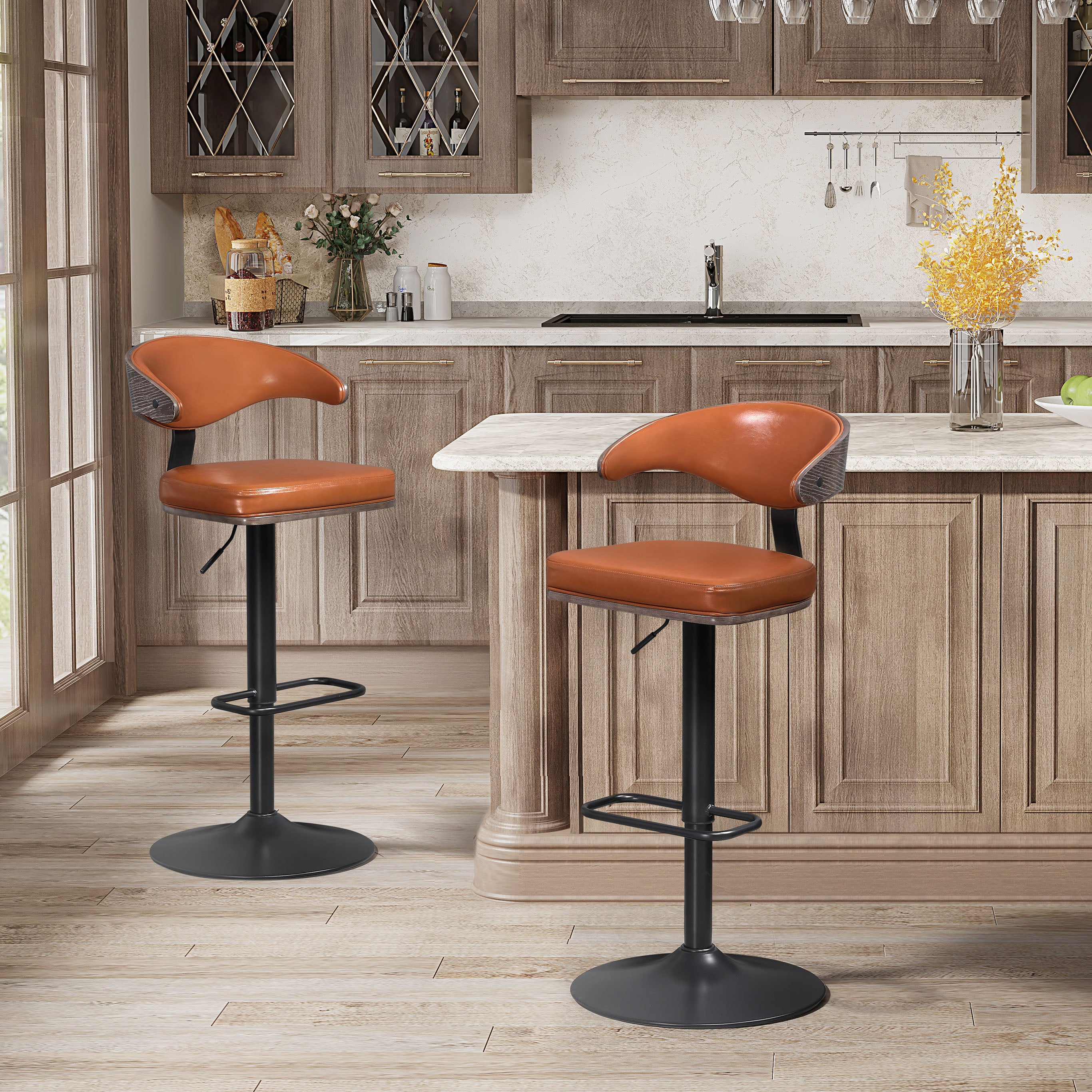 Retro Bar Stools, 360 Degree Swivel Height Adjustable, Faux Leather Steel Legs, Brown N576