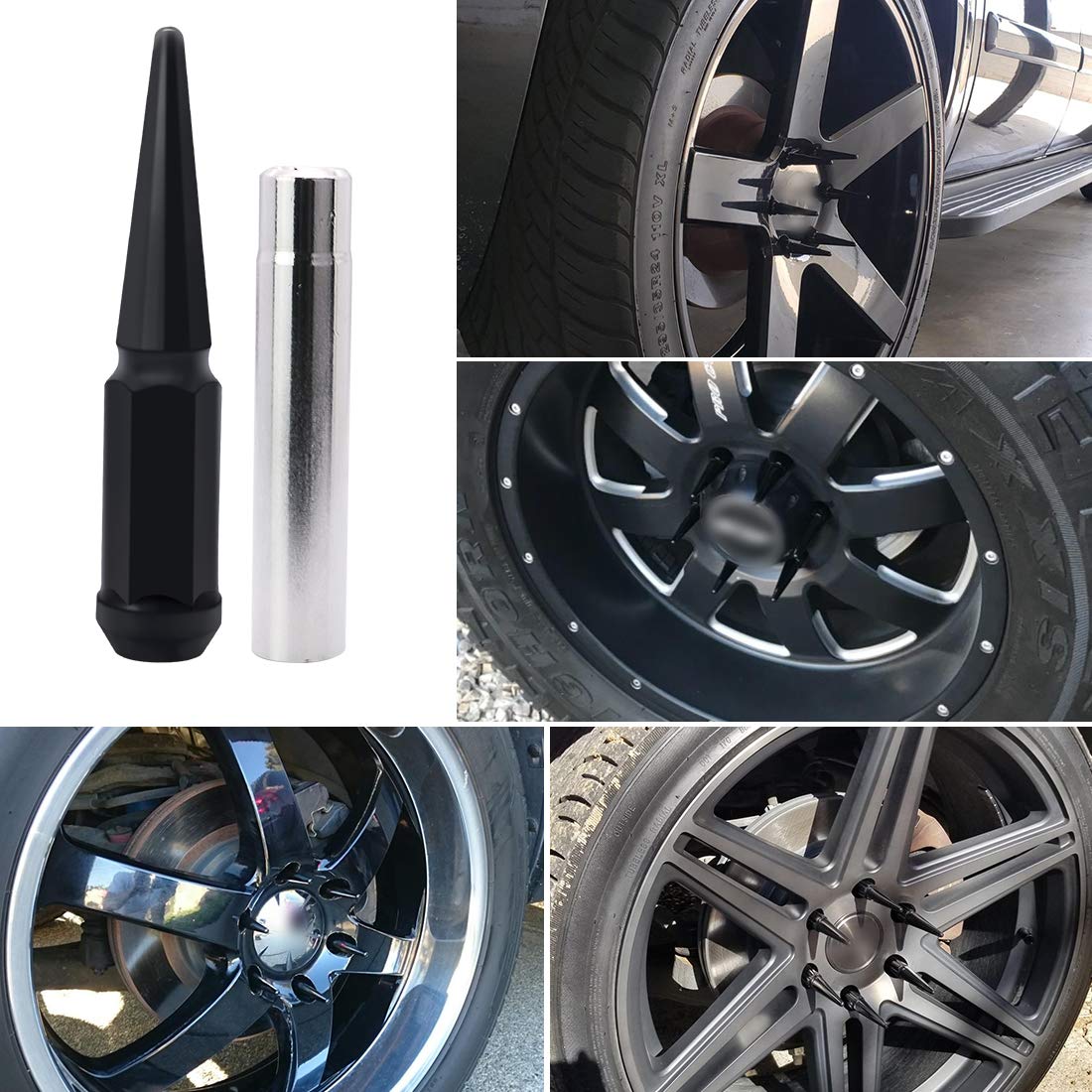 24 x Black M14x1.5 Solid Metal Wheel Spike Lug Nuts D714