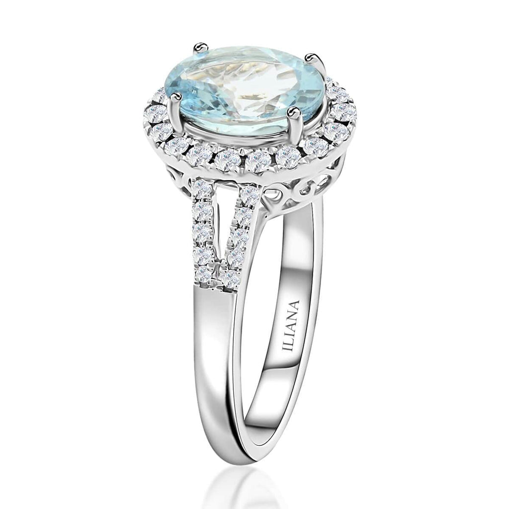 18K White Gold Halo Ring with Blue Aquamarine and White Diamond M4674