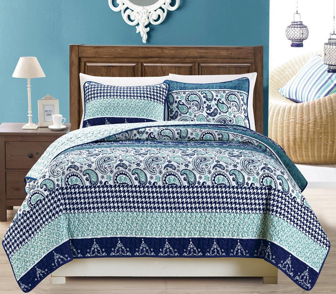 Navy Blue Paisley 3-Piece King/Cal King Size Quilt Set Z520