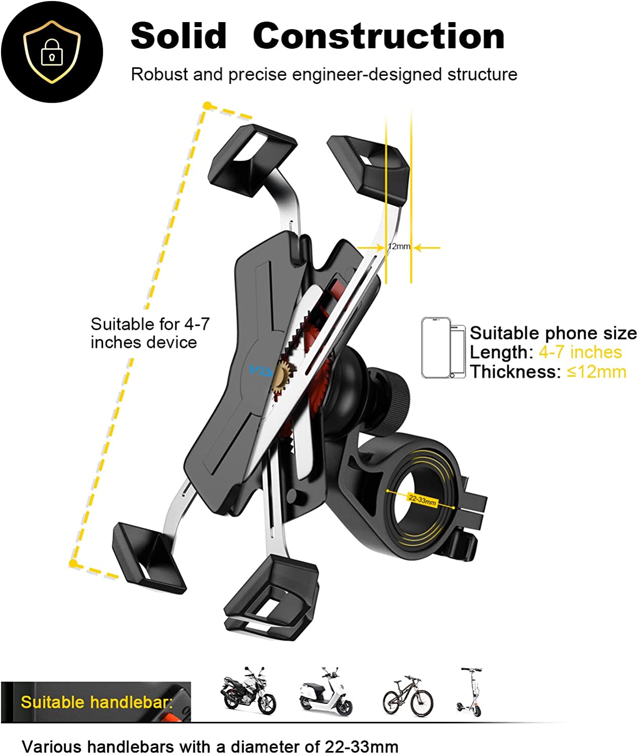 Bike Phone Mount with Stainless Steel Clamp Arms 360° Rotation X8036