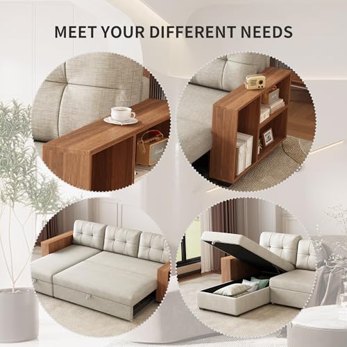 Beige L Shaped Convertible Sectional Sleeper Sofa with Storage Chaise G786