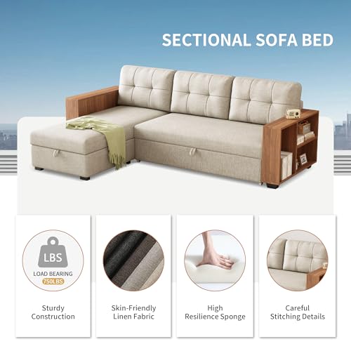 Beige L Shaped Convertible Sectional Sleeper Sofa with Storage Chaise G786