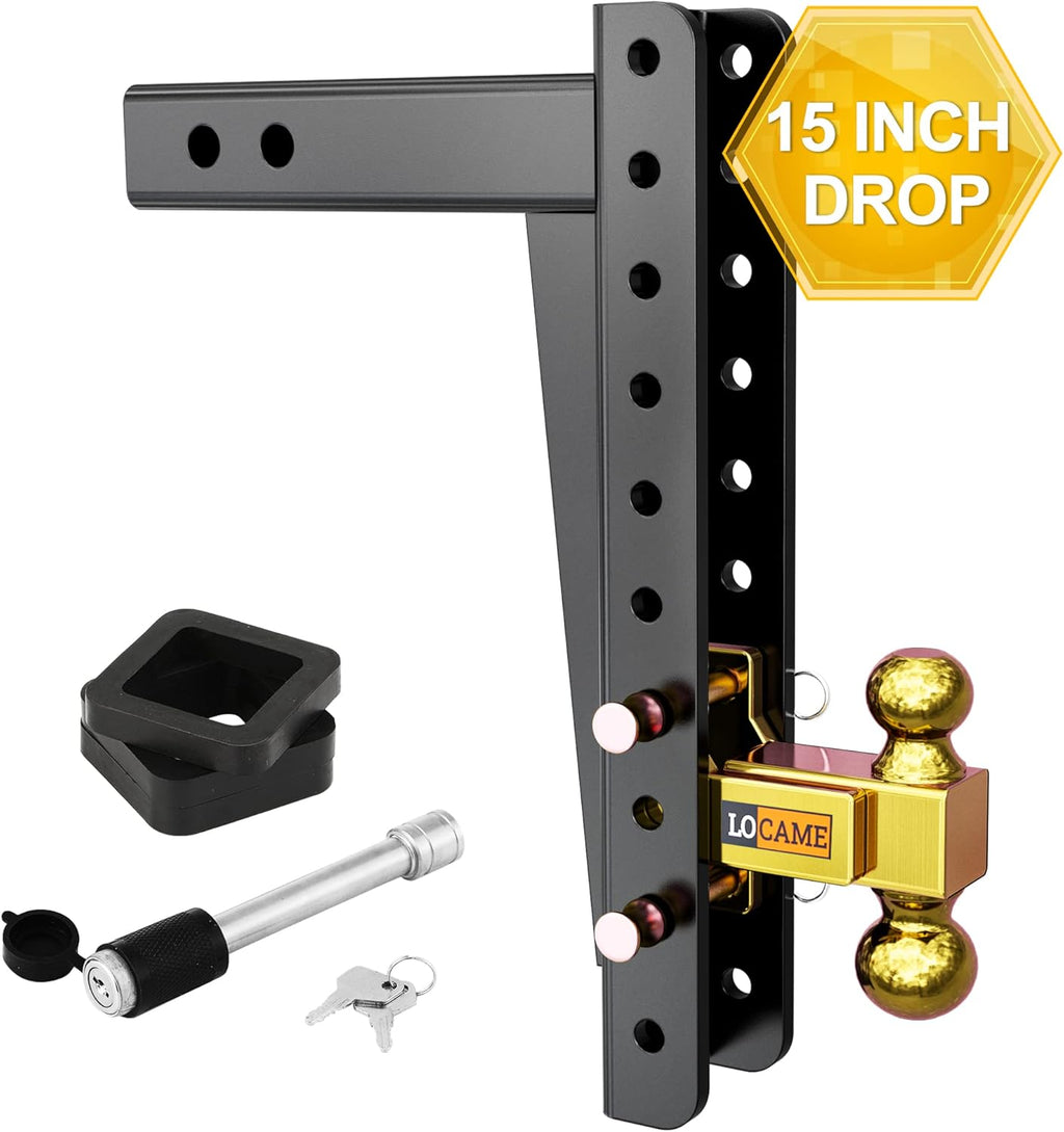 Adjustable Trailer Hitch, 2-Inch Receiver, 15-Inch Drop/Rise, 21,000 LBS GTW, Double Pins, Solid Ball Mount N428