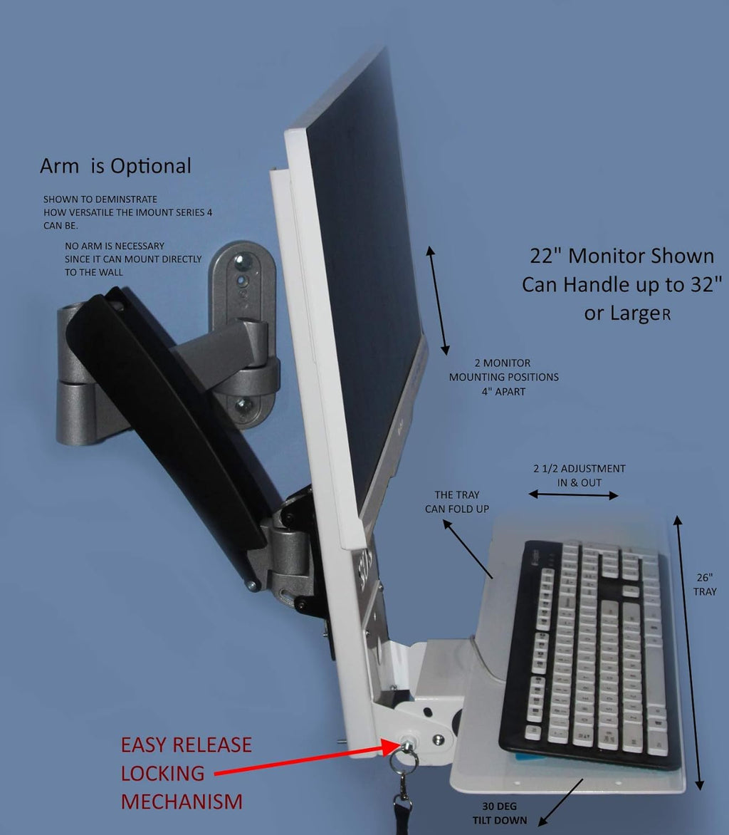 White Adjustable VESA Monitor & Keyboard Wall Mount System with Tilt & Fold-up, 7 x 26 Inch Tray V71525