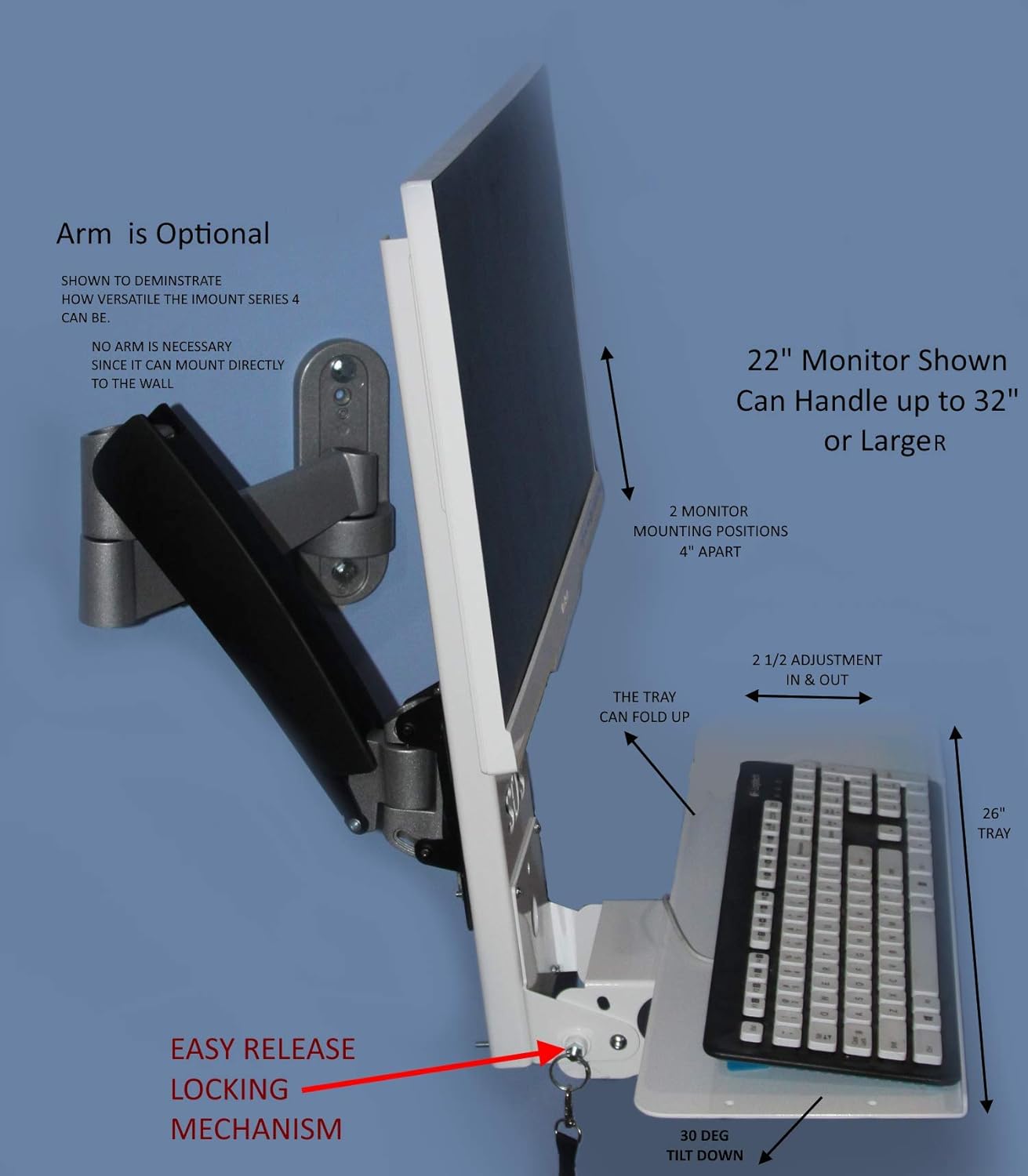 White Adjustable VESA Monitor & Keyboard Wall Mount System with Tilt & Fold-up, 7 x 26 Inch Tray V71525
