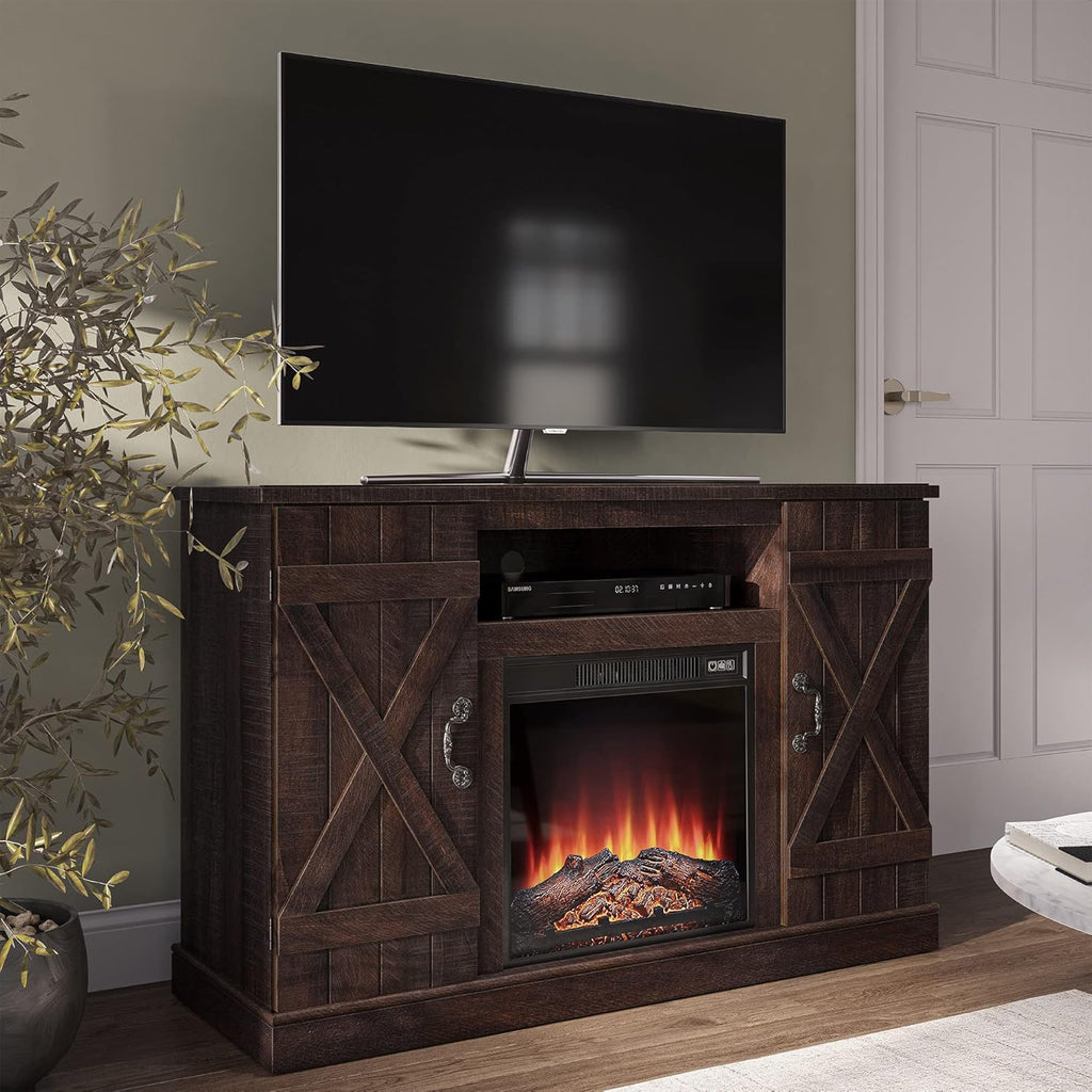 Industrial Rustic Wood TV Stand with Open Storage Shelves & Cabinets T83351
