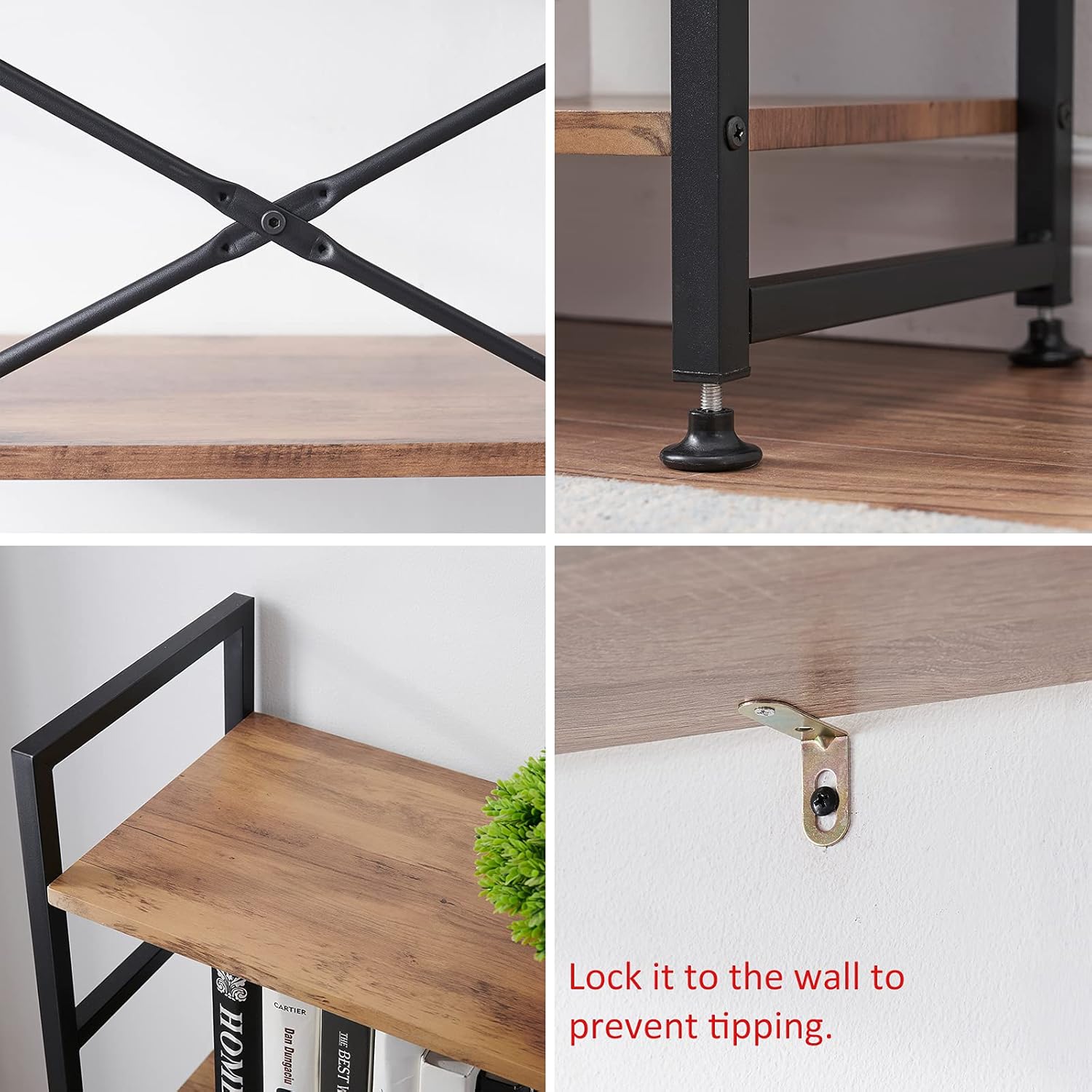 Vintage Brown 4 Tier Wood Bookshelf with Metal Frame E71328