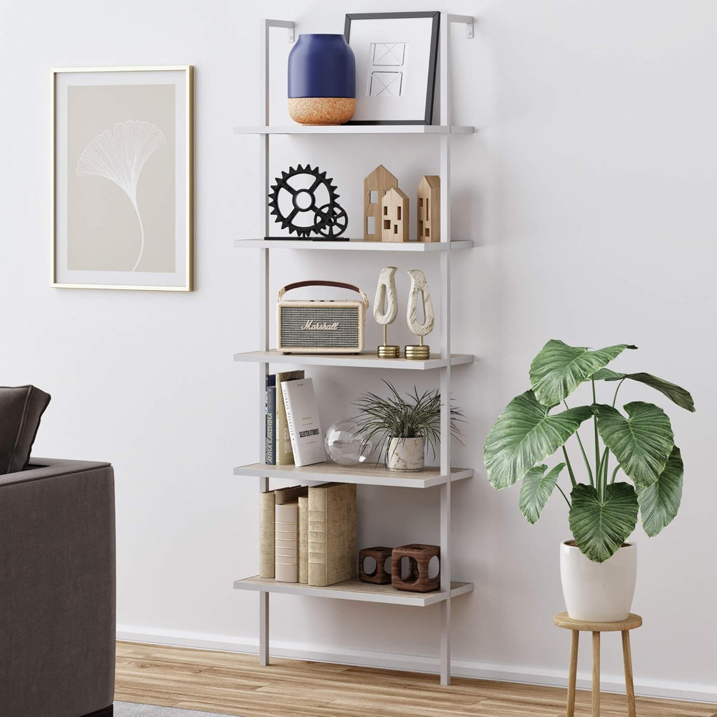 White/Gold 5-Shelf Ladder Bookcase P179