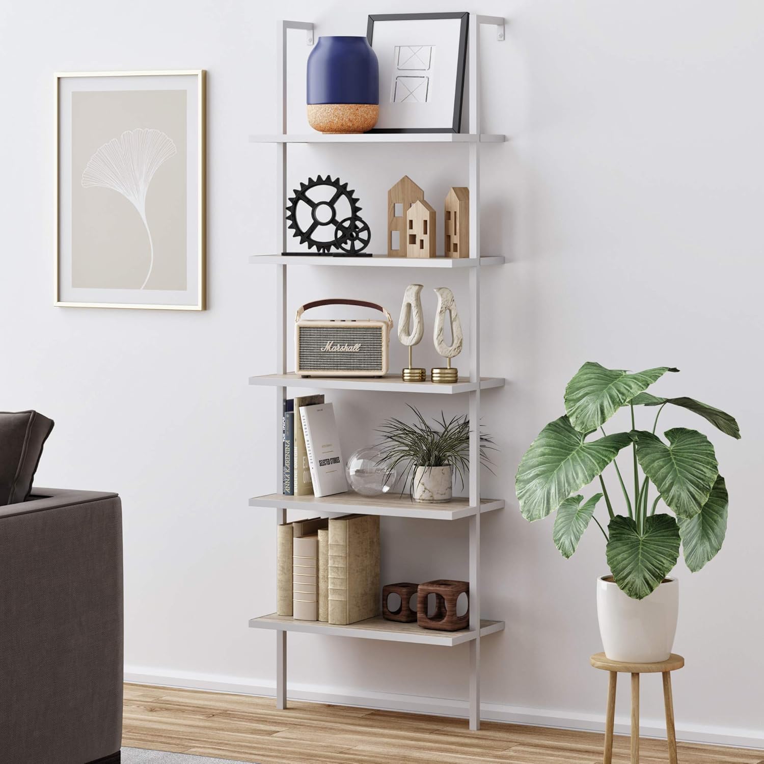 White/Gold 5-Shelf Ladder Bookcase P179