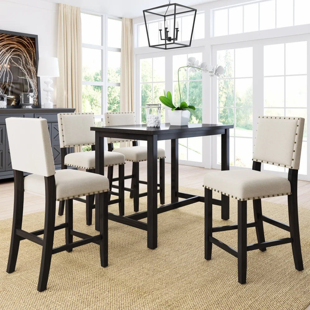 Espresso Beige 5 Piece Rustic Wooden Counter Height Dining Table Set with 4 Upholstered Chairs L938536
