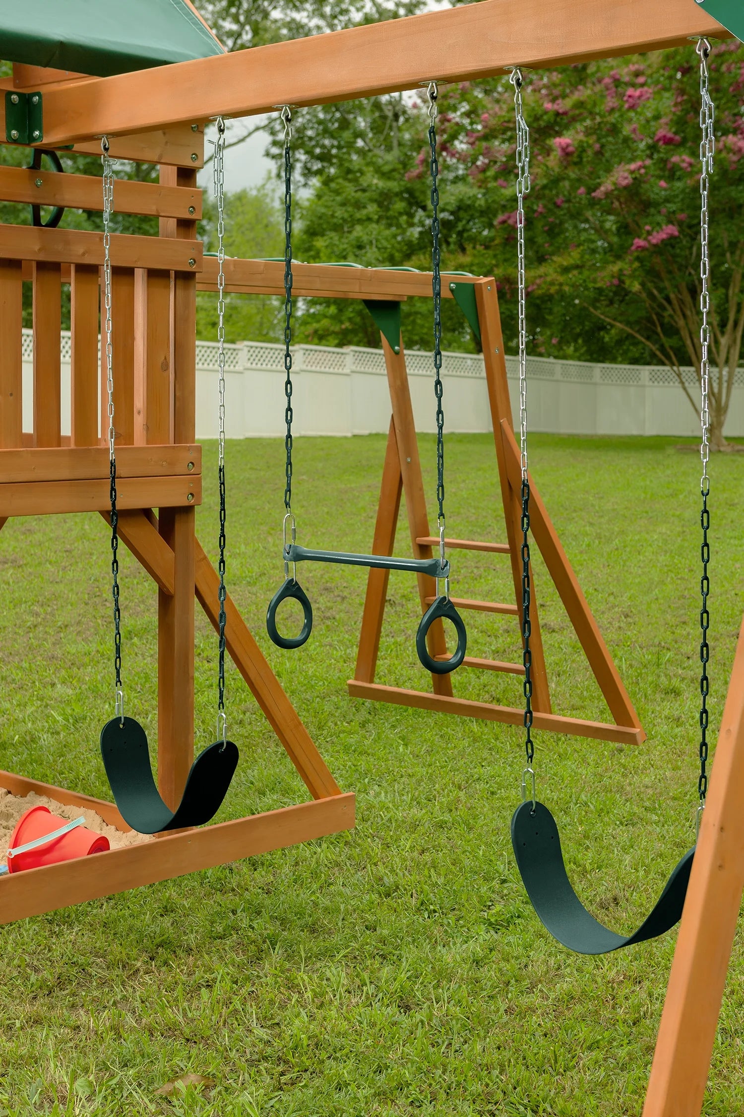 Green Wooden Swing Set with Tarp Roof and Slide W1570