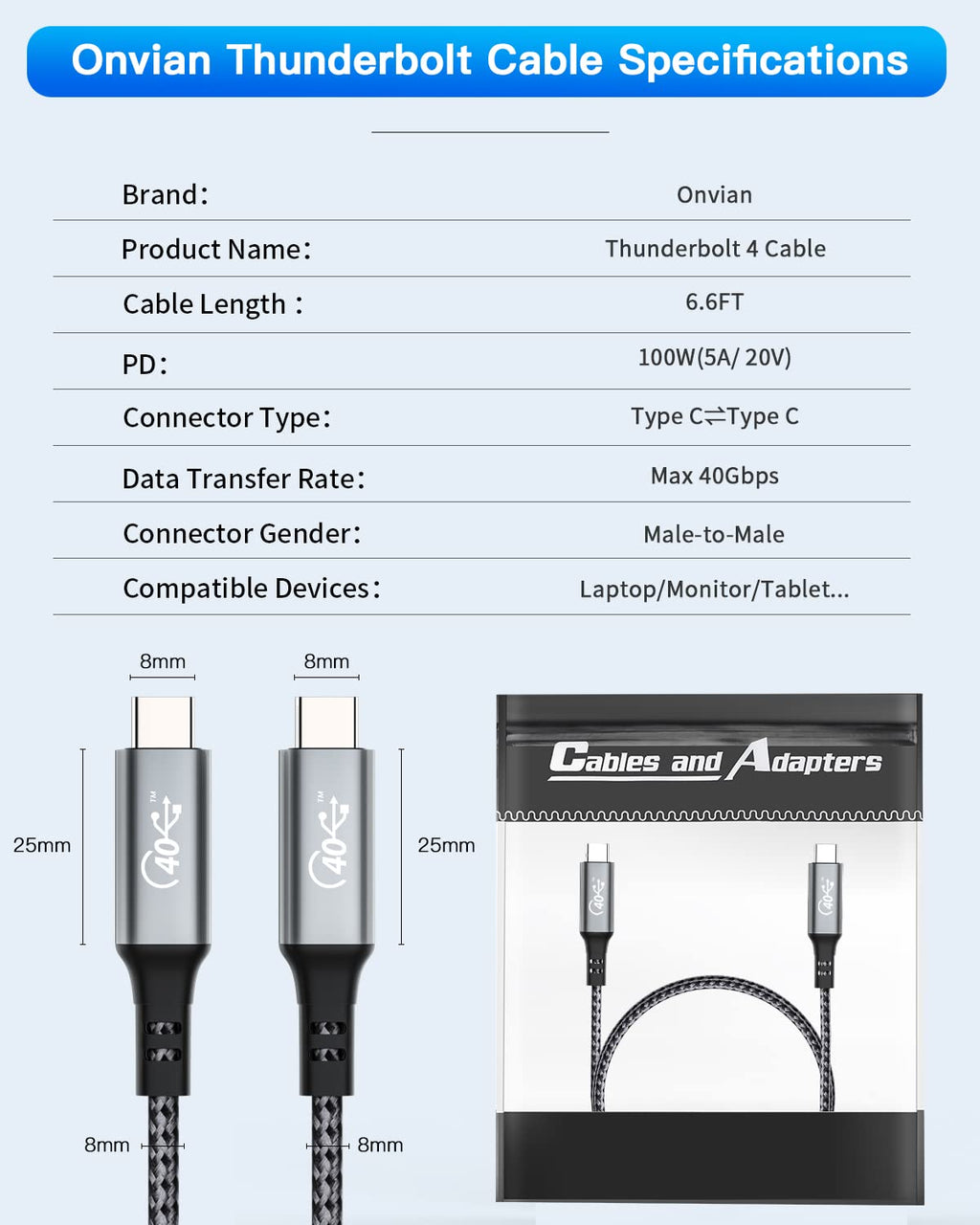 USB4 Compatible USB C to USB C Cable 6.6FT 100W 40Gbps 8K@30Hz Pack of 2 H1179