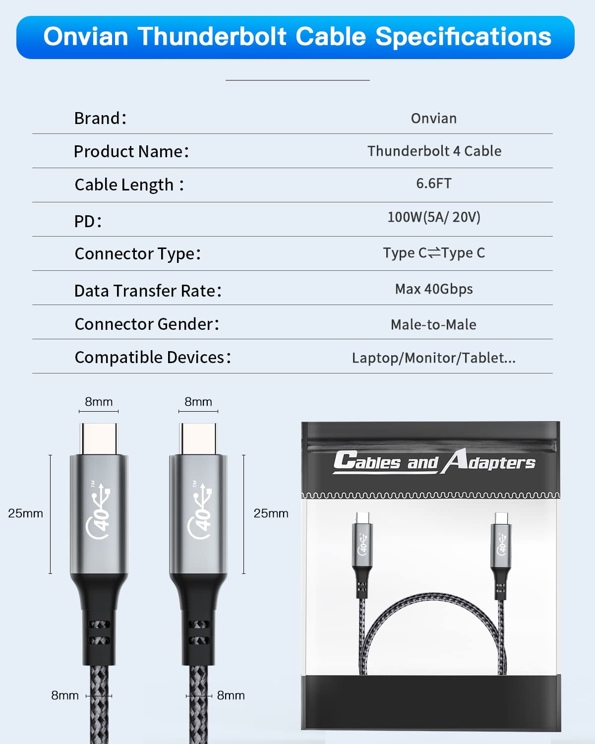 USB4 Compatible USB C to USB C Cable 6.6FT 100W 40Gbps 8K@30Hz Pack of 2 H1179