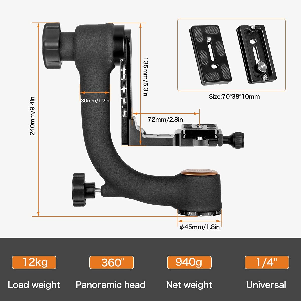 Q45 Gimbal Head Heavy Duty Metal Gimbal Tripod Head with Arca-Type Quick Release Plate and Bubble Level for DSLR Cameras up to 26lbs/12kg O242435