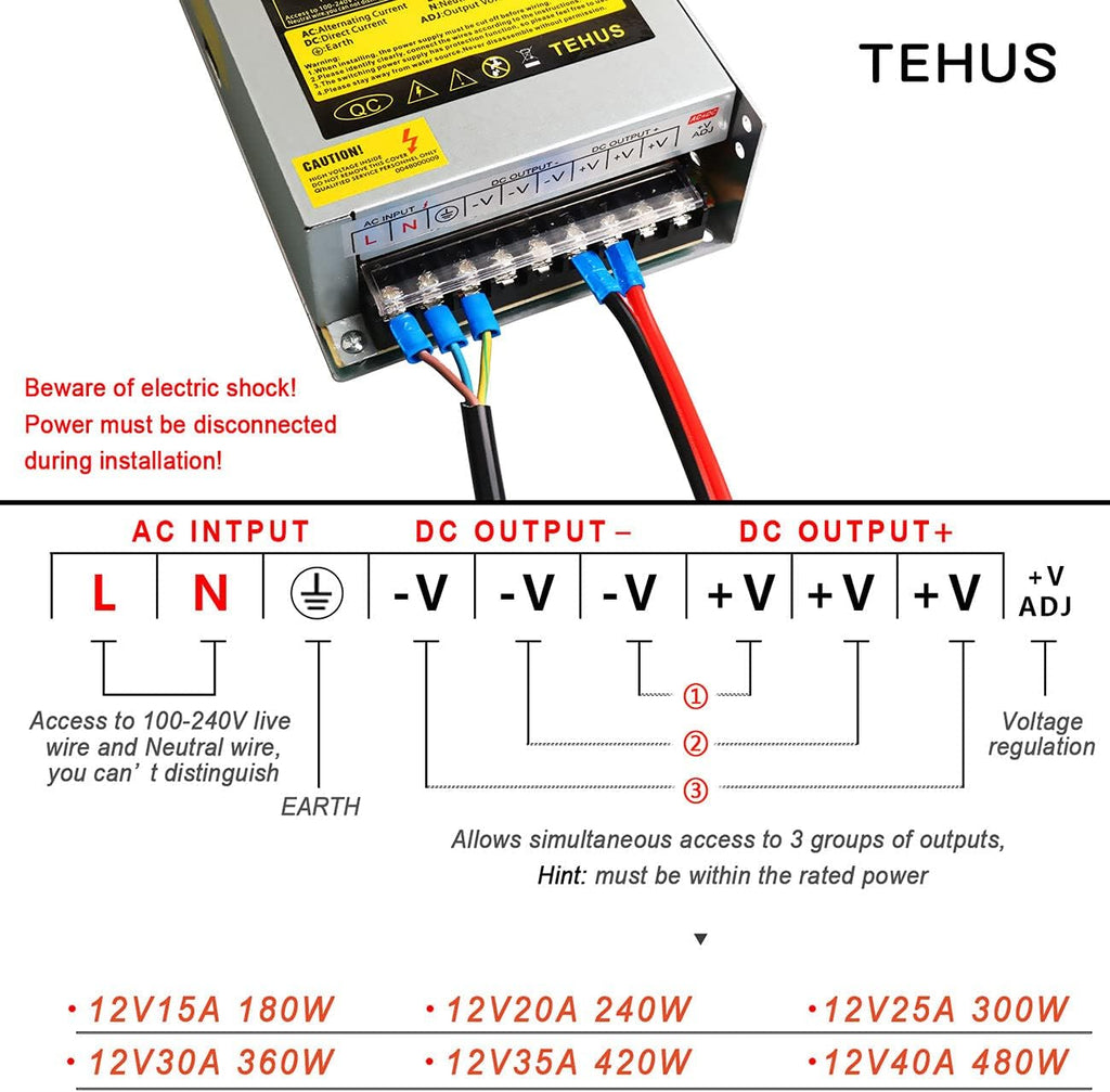 Switching Power Supply AC 110V/220V to DC 12V 40A 480W Power Adapter Transformer U64443