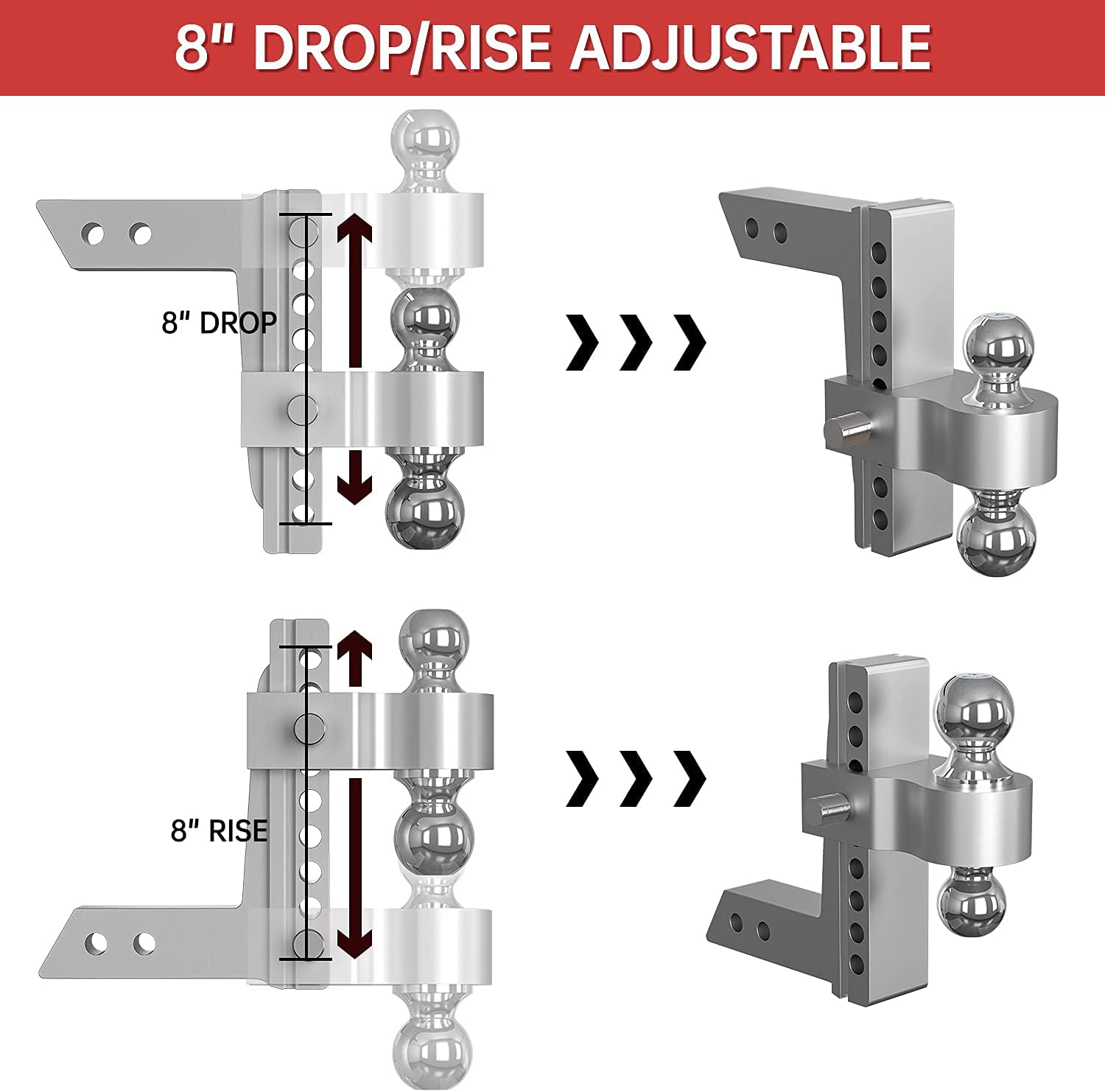 Adjustable Trailer Hitch Ball Mount, 8 Inch Drop, 2 Inch Receiver, 12,500 LBS GTW, Forged Aluminum Shank, Dual Balls K205