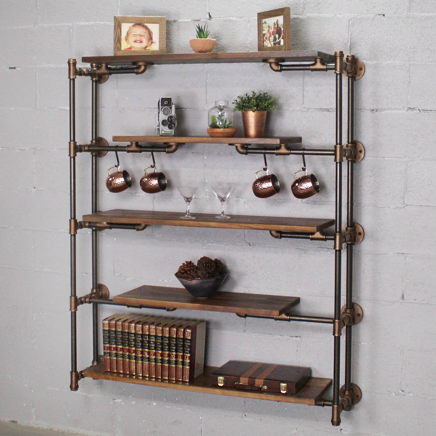 Modern Industrial Floating Tier Etagere Espresso and Hammered Black G2559