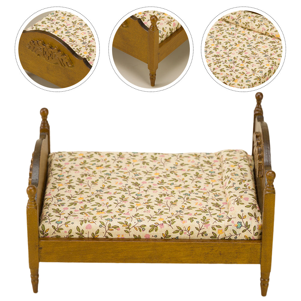 Doll House Miniature Double Bed Model Bedroom Scene Prop Decoration E8300
