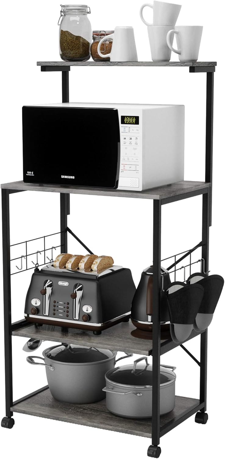 Gray 4 Tier Kitchen Bakers Rack with Storage Shelf and Oven Mitts N561