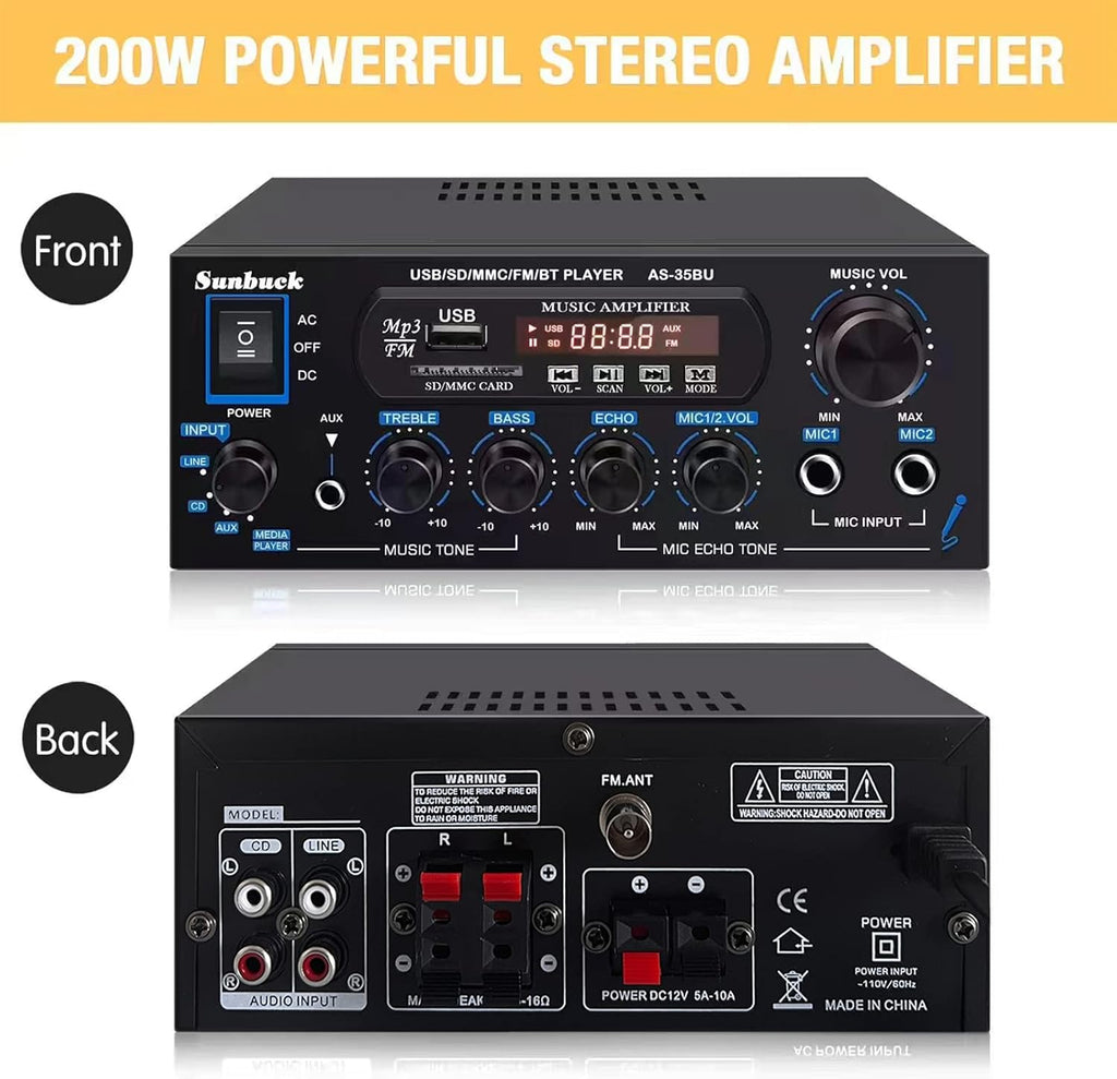 200W Wireless Bluetooth Stereo Amplifier Receiver with USB FM Radio Remote Control D1660