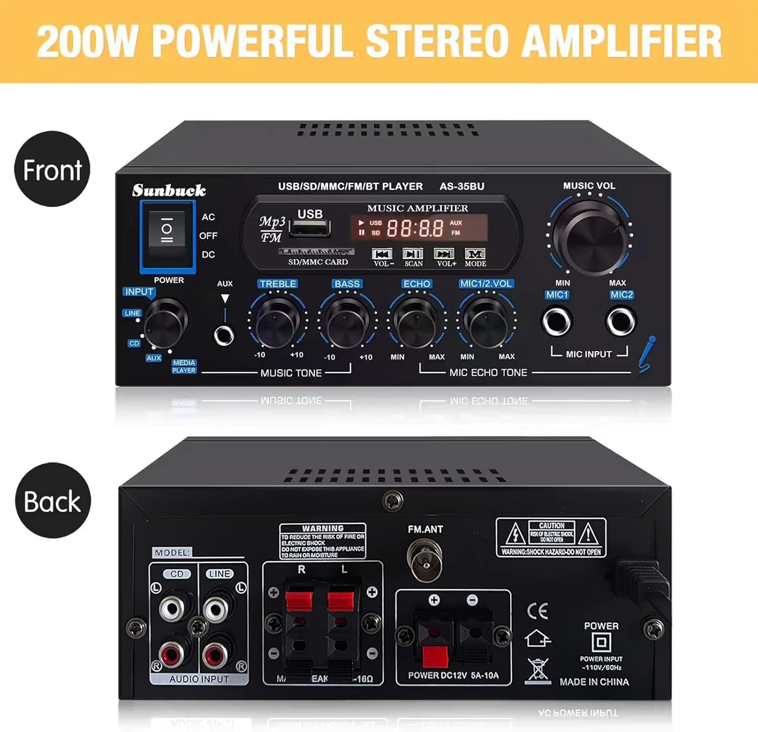 200W Wireless Bluetooth Stereo Amplifier Receiver with USB FM Radio Remote Control D1660