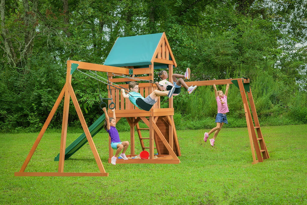 Green Wooden Swing Set with Tarp Roof and Slide W1570
