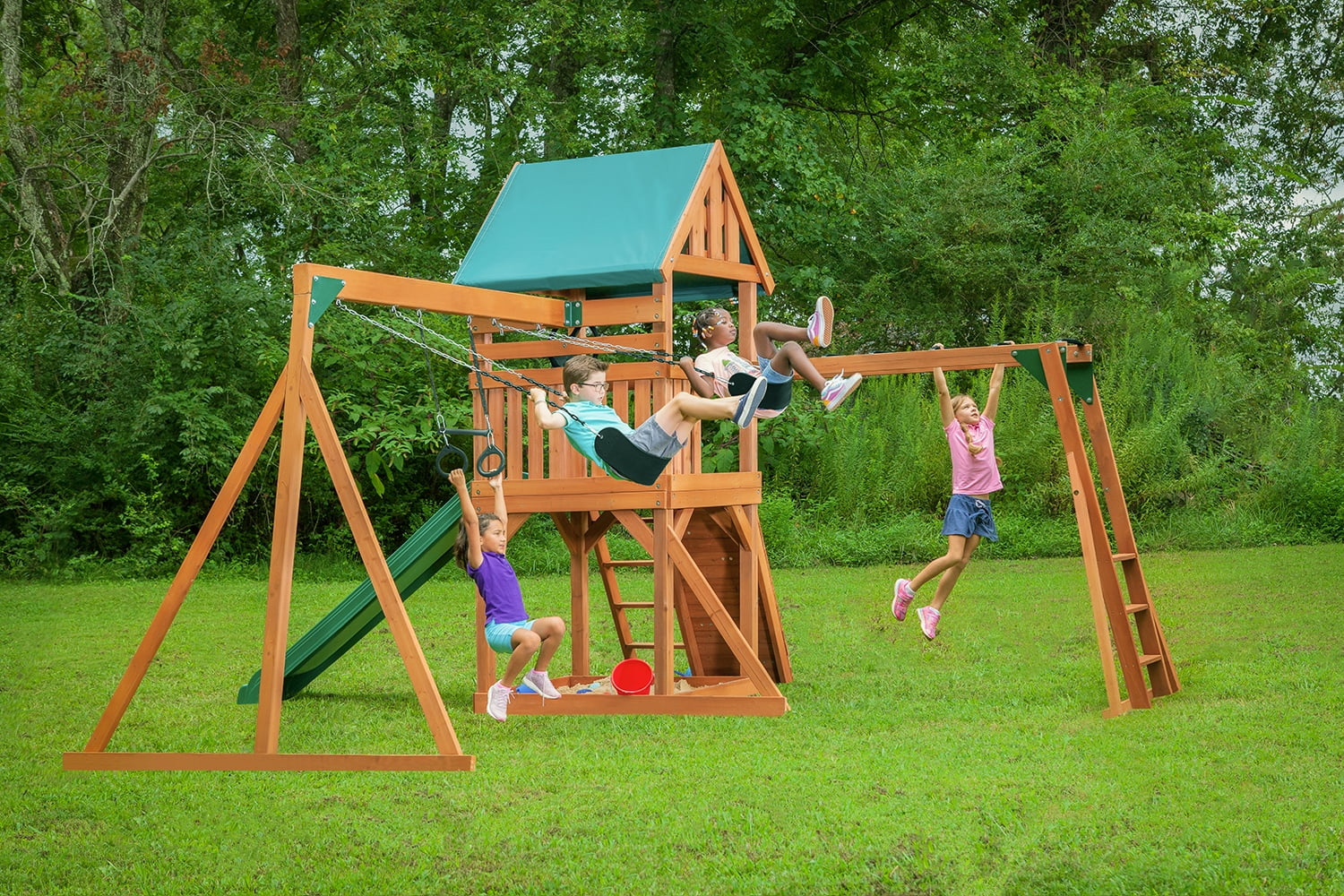 Green Wooden Swing Set with Tarp Roof and Slide W1570