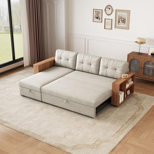 Beige L Shaped Convertible Sectional Sleeper Sofa with Storage Chaise G786