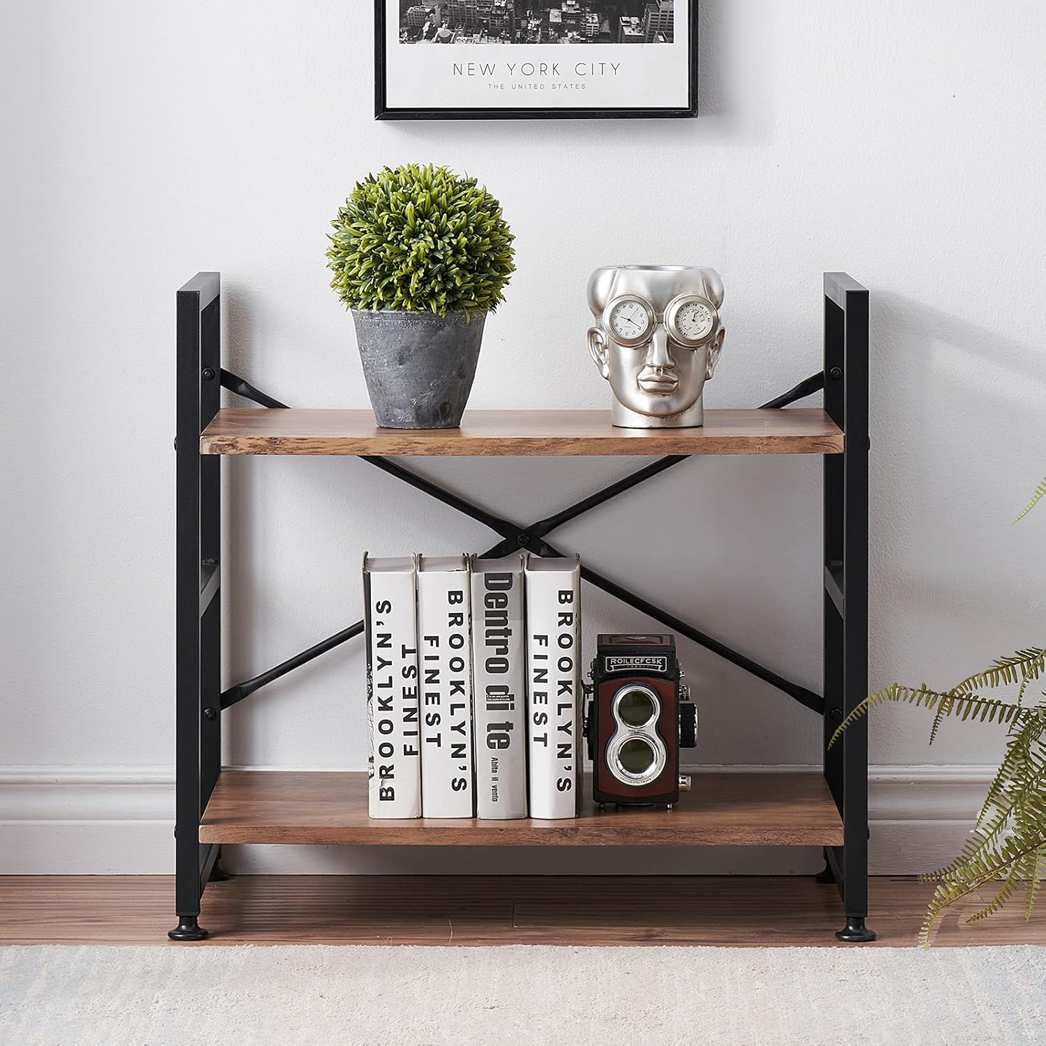 Vintage Brown 4 Tier Wood Bookshelf with Metal Frame E71328