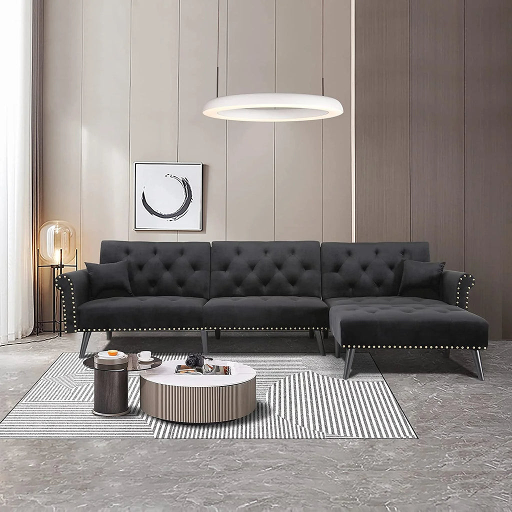 Convertible Sectional Sofa L Shape Couch Sleeper Bed Black Velvet with Wood Legs F4326
