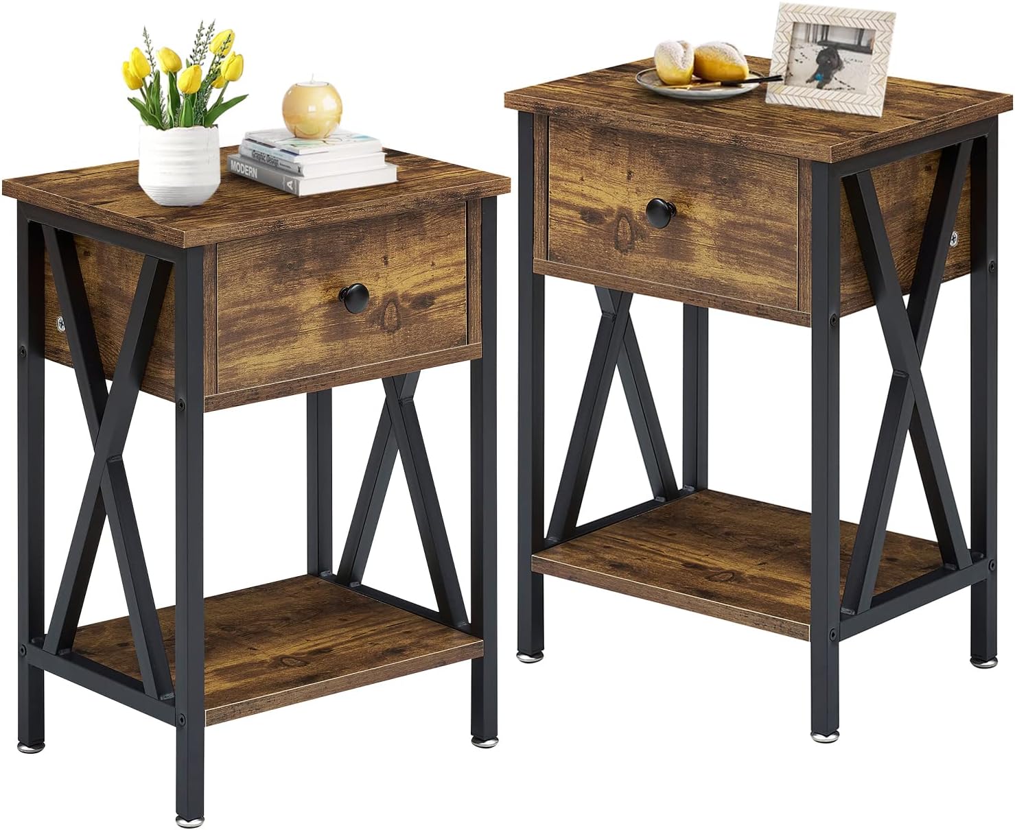 Antique Black Set of 2 End Side Table with Storage Cabinet K66236