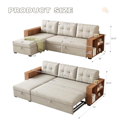 Beige L Shaped Convertible Sectional Sleeper Sofa with Storage Chaise G786