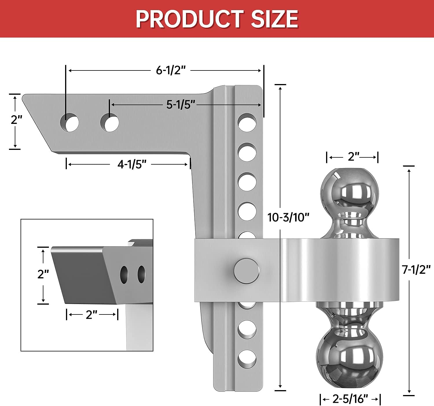 Adjustable Trailer Hitch Ball Mount, 8 Inch Drop, 2 Inch Receiver, 12,500 LBS GTW, Forged Aluminum Shank, Dual Balls K205