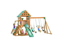 Green Wooden Swing Set with Tarp Roof and Slide W1570