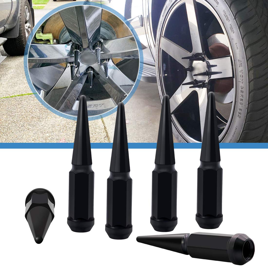 24 x Black M14x1.5 Solid Metal Wheel Spike Lug Nuts D714