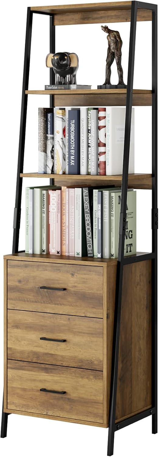 Rustic Brown Ladder Shelves with Fabric Drawers L190