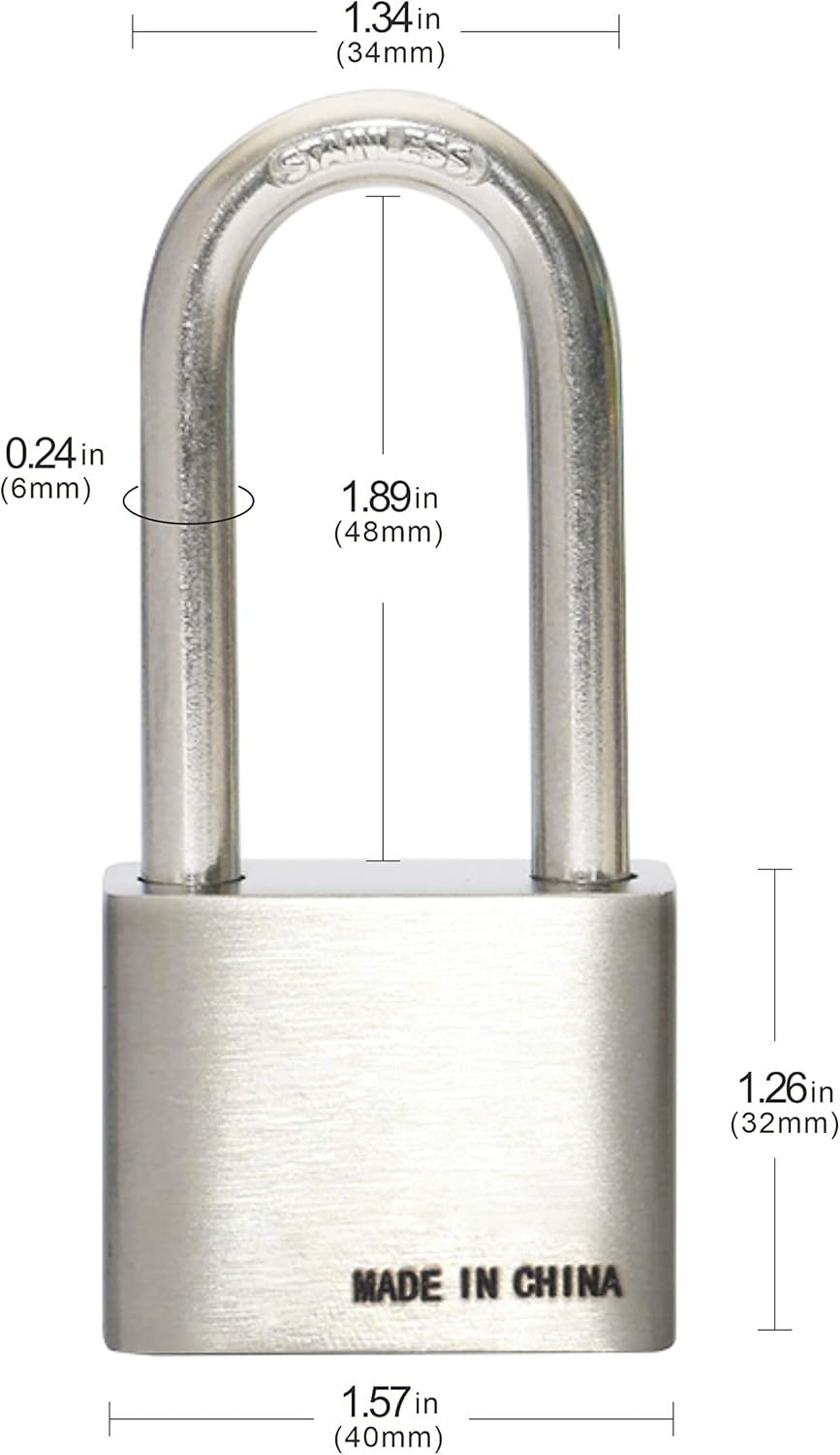 Stainless Steel Keyed Alike Padlocks, 1-9/16 inch Wide Body, Long Shackle, Pack of 2 L46664
