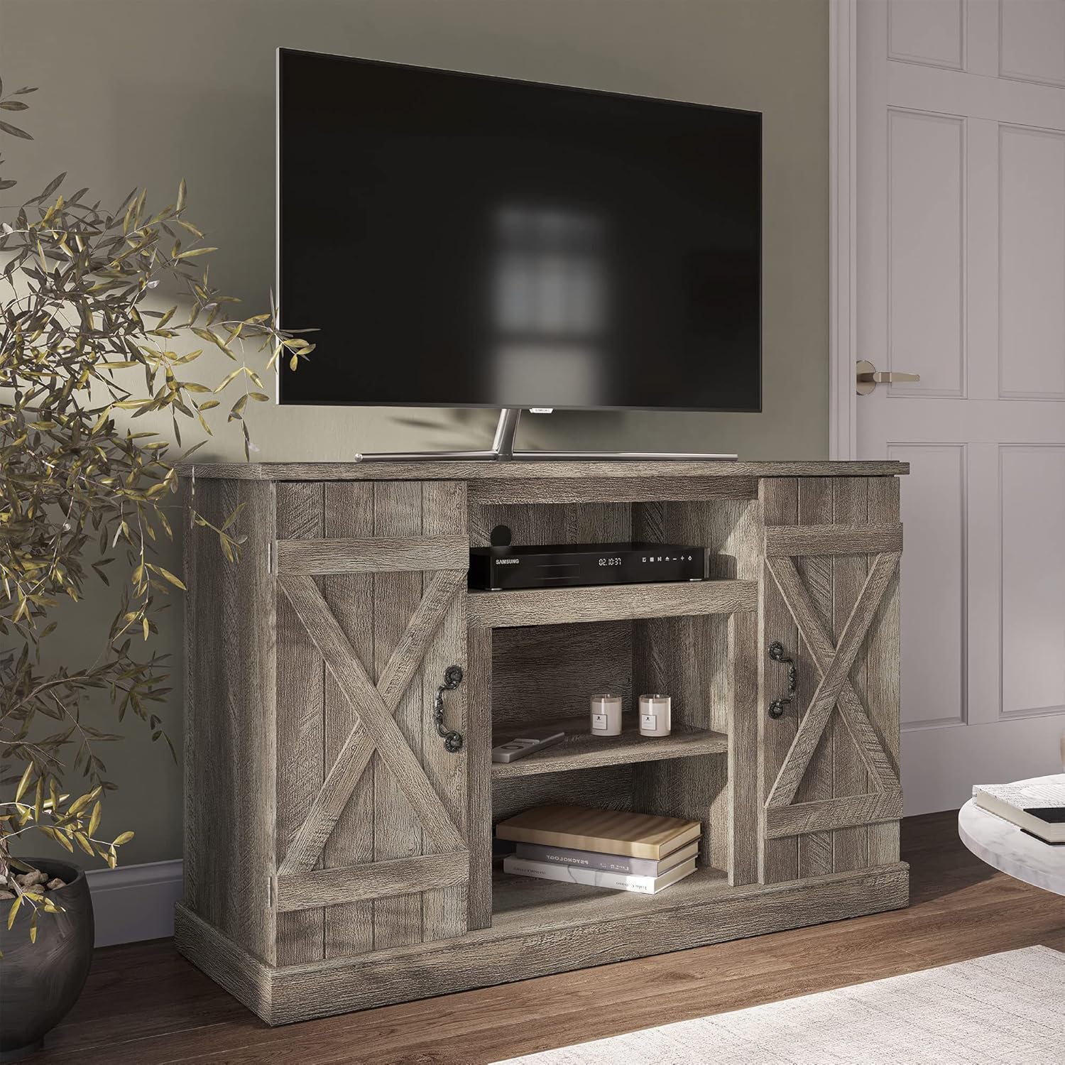 Industrial Rustic Wood TV Stand with Open Storage Shelves & Cabinets T83351