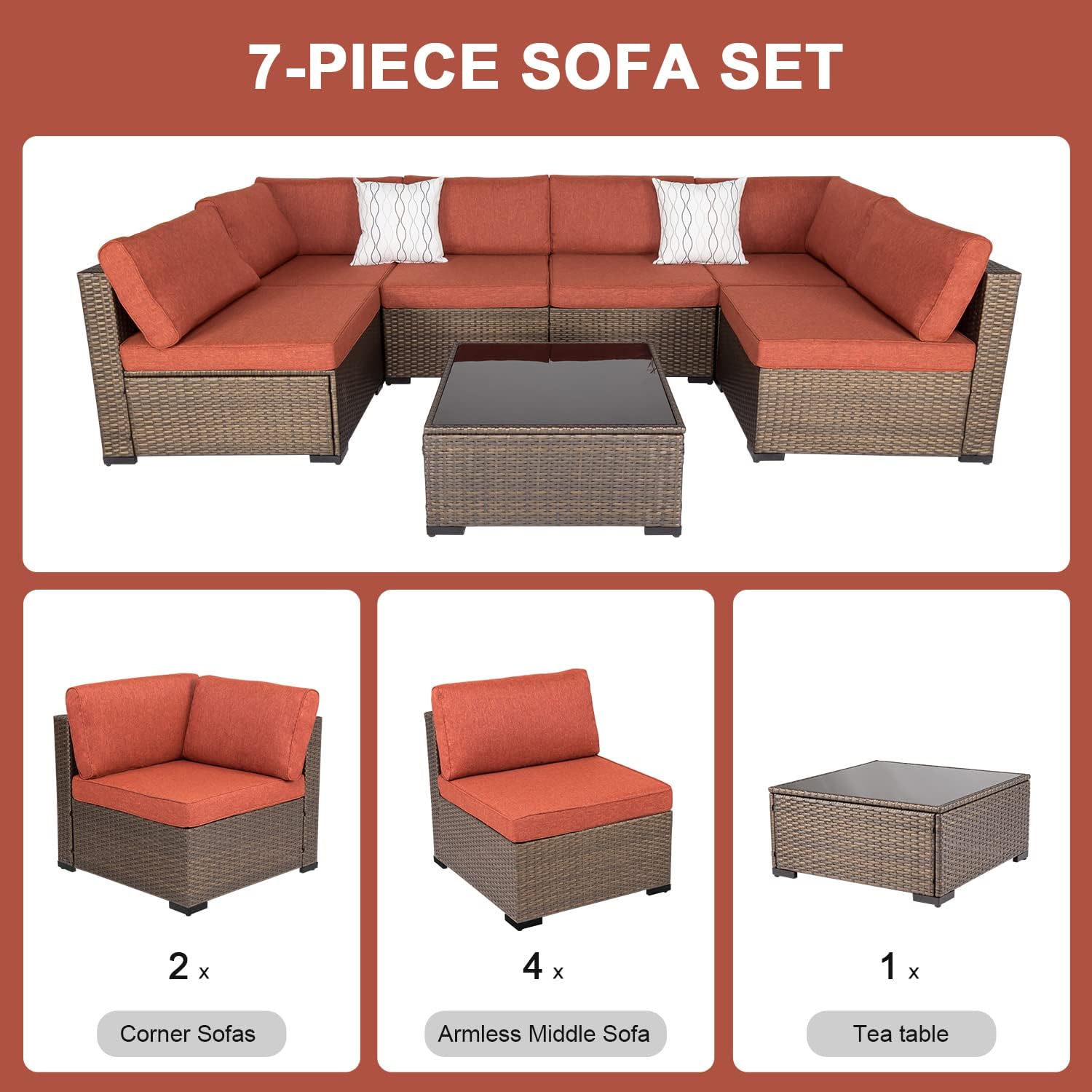 Maple Red Cushions 7Pcs Sectional Sofa Patio Conversation Set X93042
