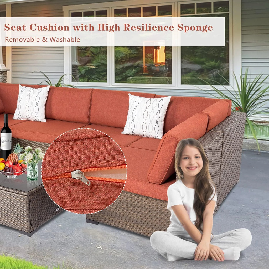 Maple Red Cushions 7Pcs Sectional Sofa Patio Conversation Set X93042