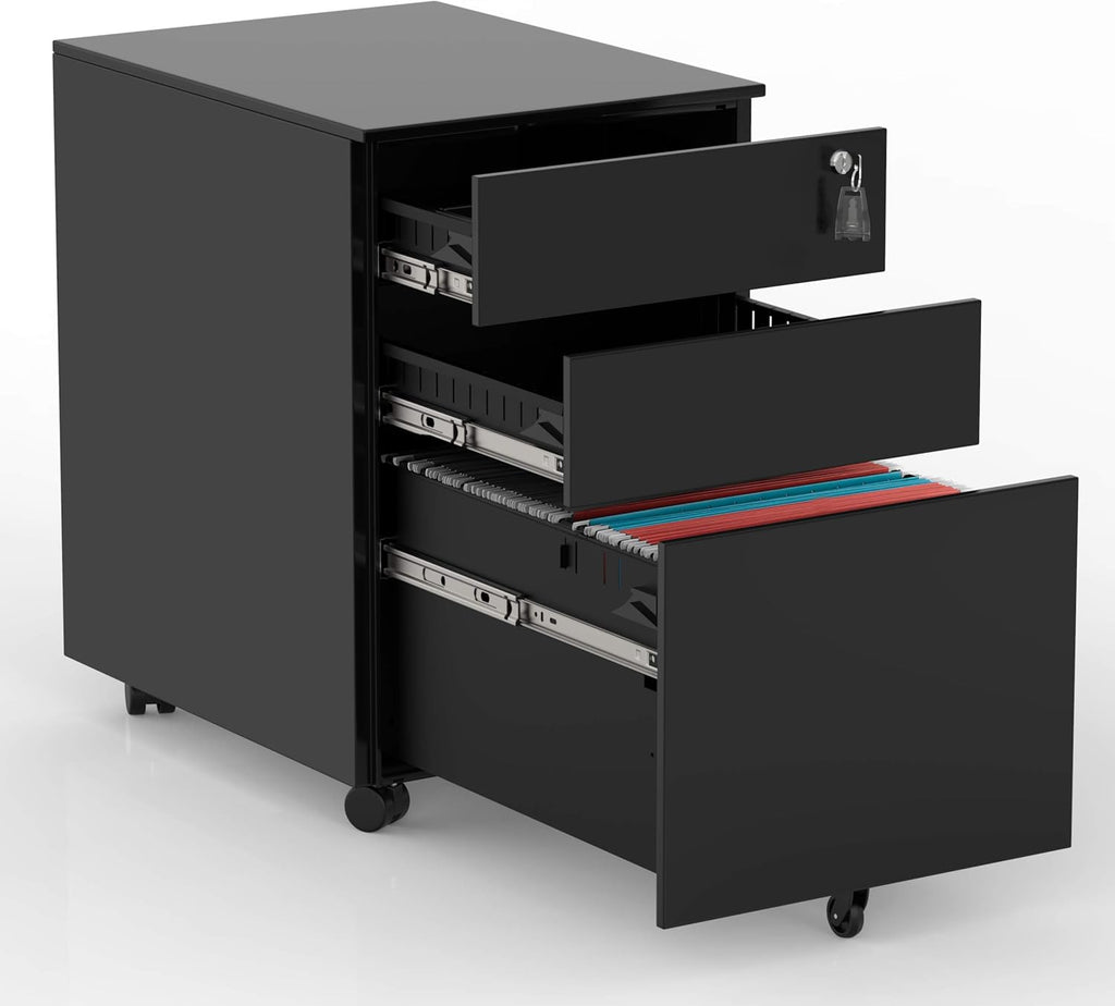 Black 3-Drawer Mobile File Cabinet with Lock X13790