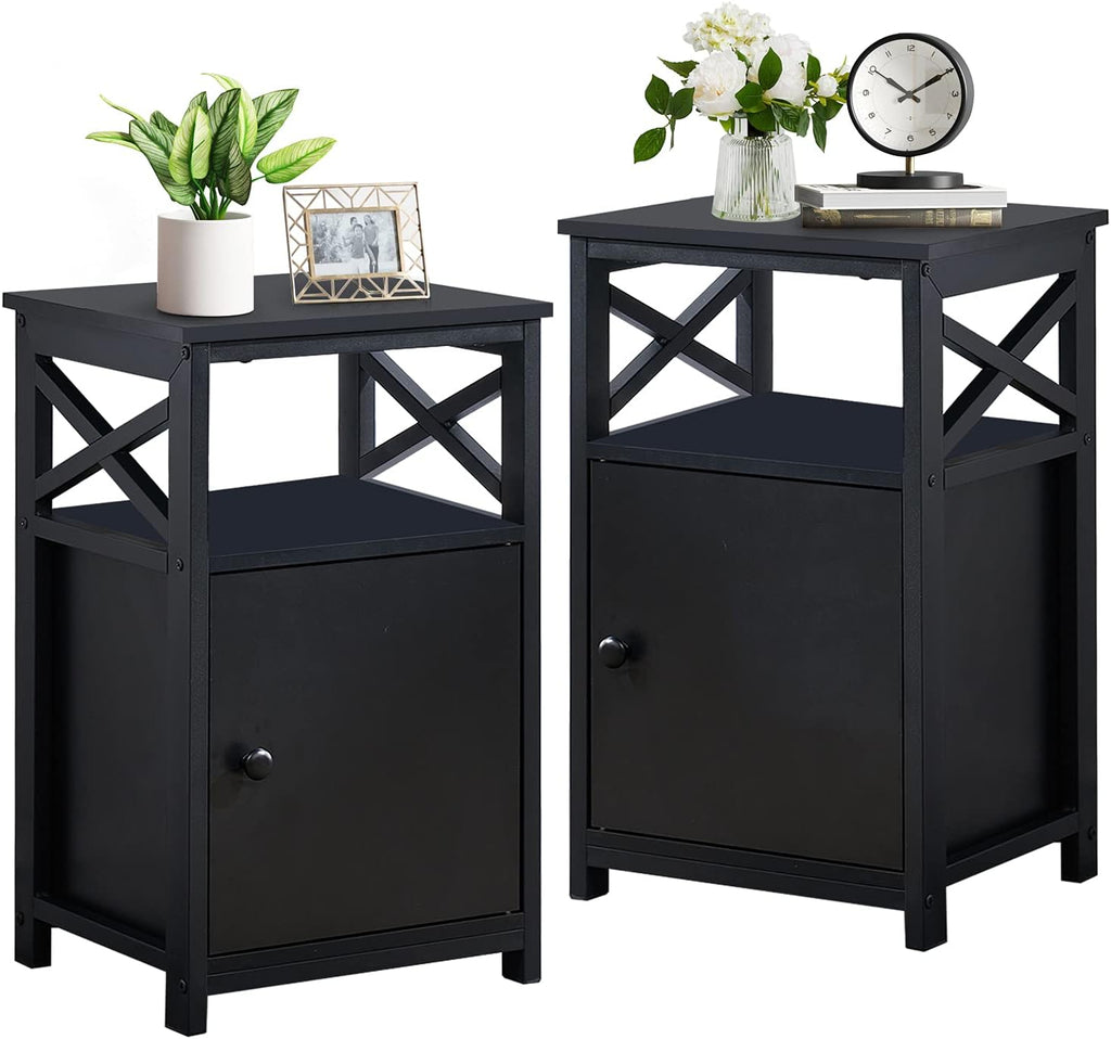 Antique Black Set of 2 End Side Table with Storage Cabinet K66236