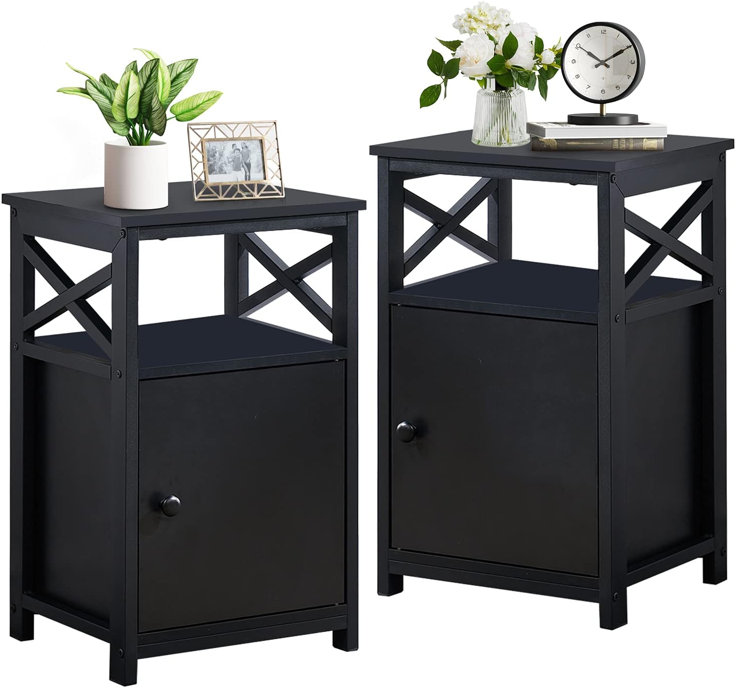 Antique Black Set of 2 End Side Table with Storage Cabinet K66236