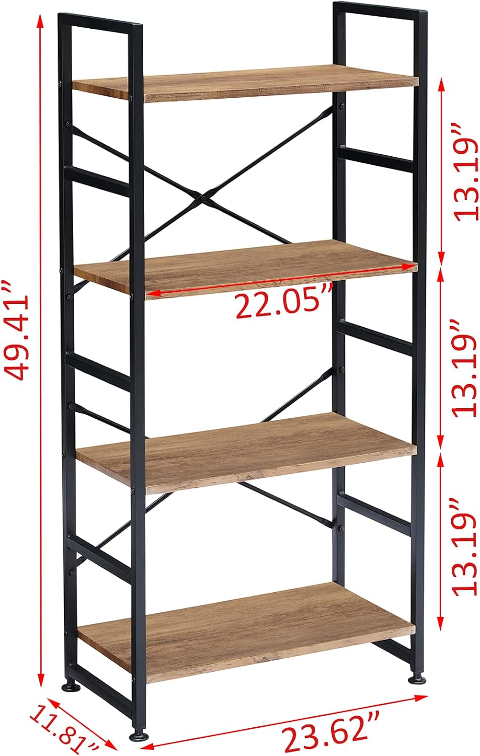 Vintage Brown 4 Tier Wood Bookshelf with Metal Frame E71328