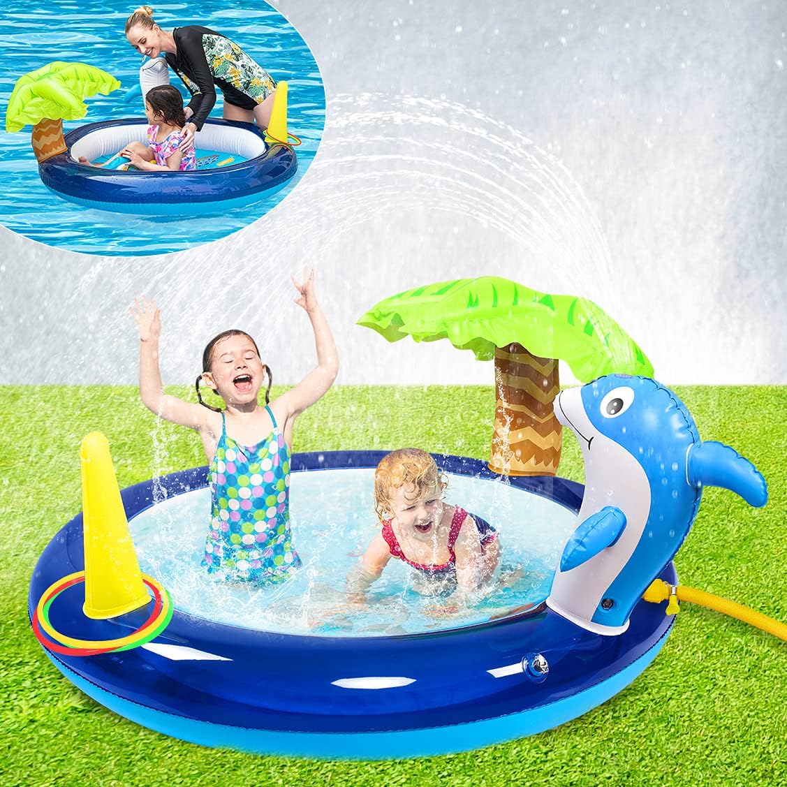 Blue Inflatable Swimming Pool with Dolphin Sprinklers Q4108