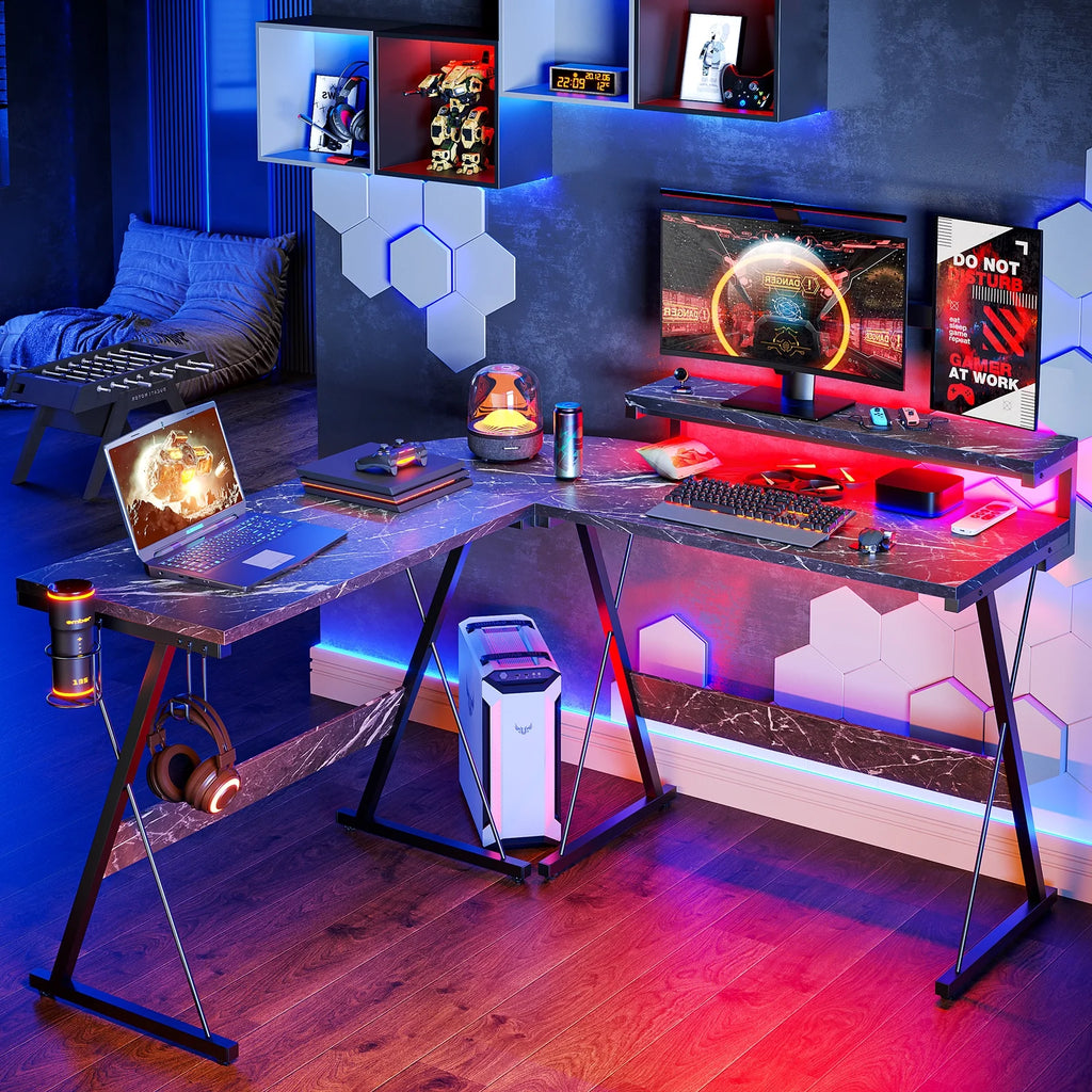 Black Marble L-Shaped Gaming Computer Desk with Monitor Stand F8857
